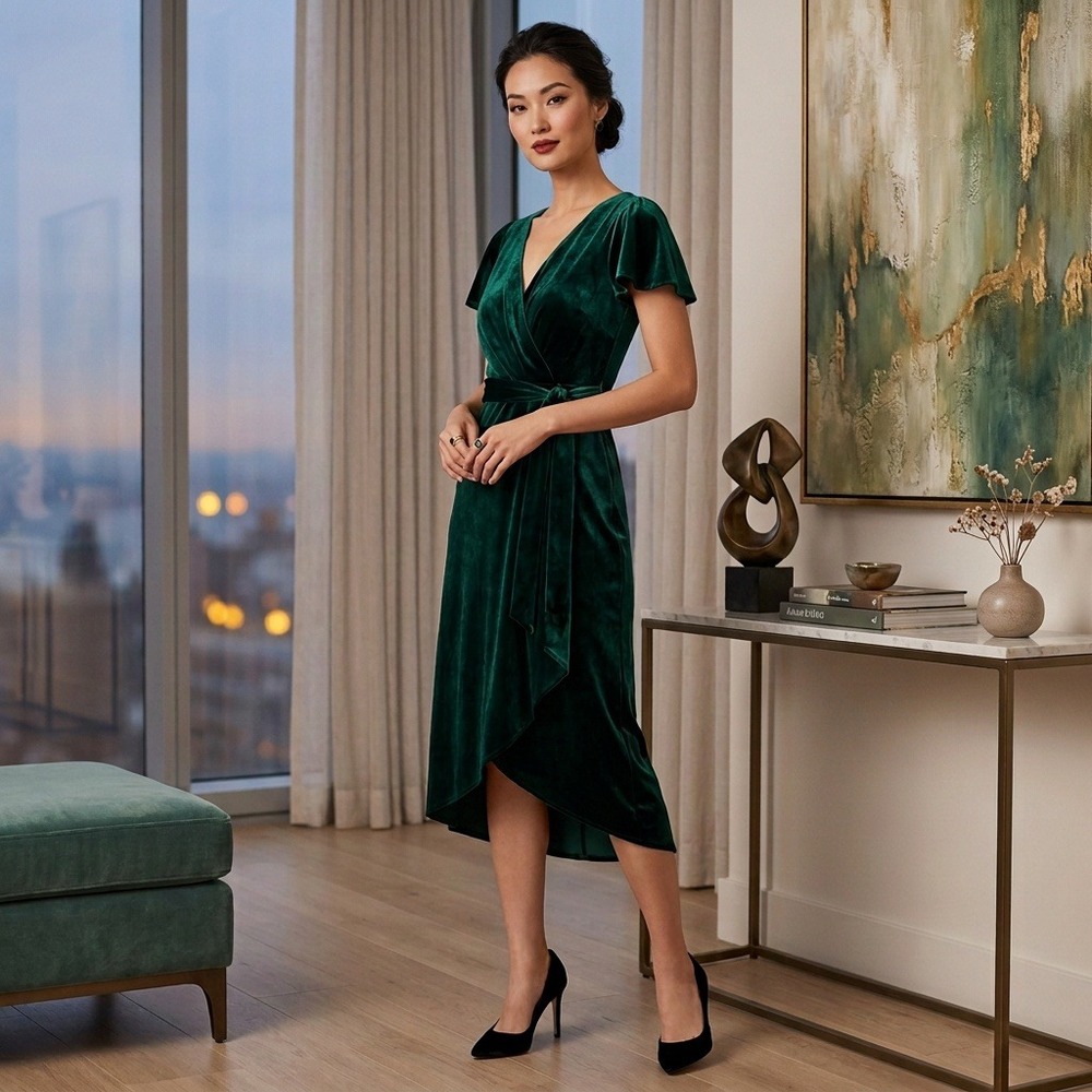 NWT DKNY Velvet Wrap Midi Dress Womens 10 Hunter Green Flutter Sleeve Belted